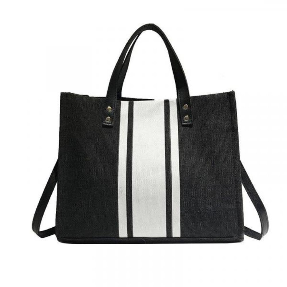 Striped Canvas Crossbody Tote Small with strap Black and white stripe New